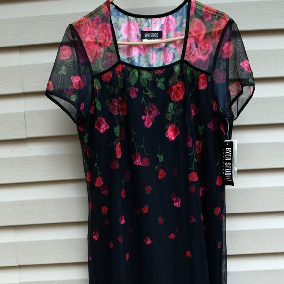 NWT GIRL'S 16 AMY BYER ROSES ON BLACK LONG DRESS - Picture 1 of 4